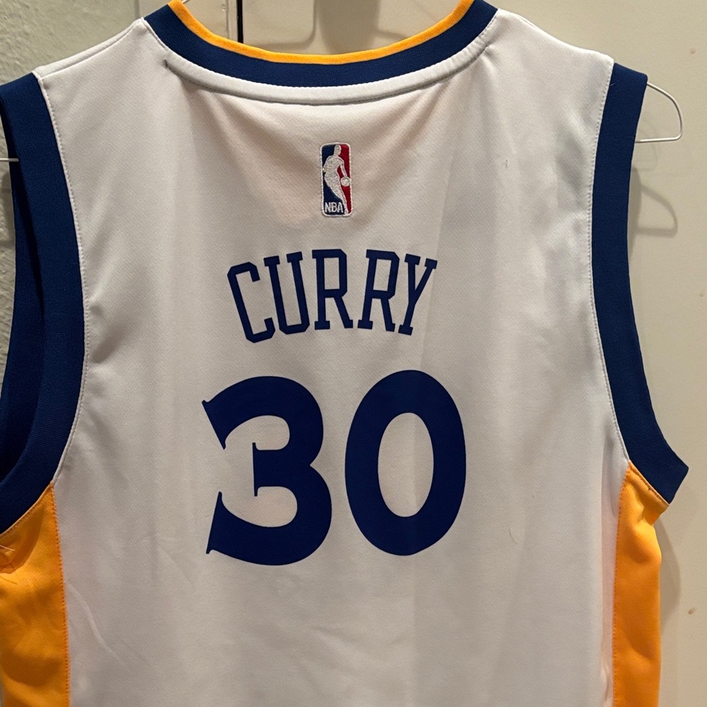 Adidas White Jersey with Blue/Yellow Trim #30 Golden State Warriors Steph Curry